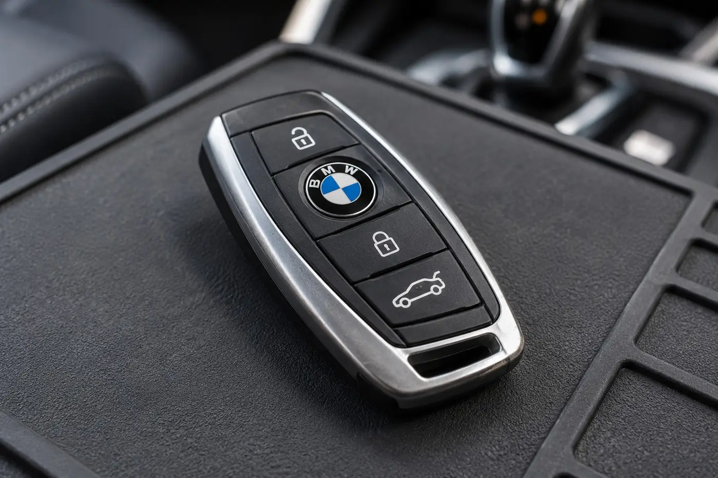 Illustration: BMW smart key fob with lock, unlock and trunk buttons resting on a car console