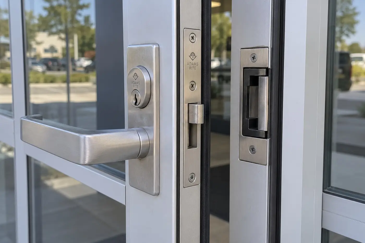Illustration: Adams Rite commercial storefront lock with lever handle on an aluminum glass door