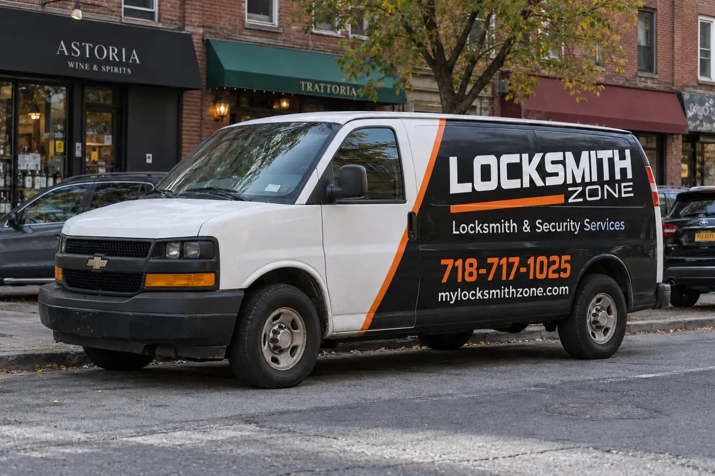 Illustration: Locksmith Zone branded Chevrolet service van parked on a New York street, showing 718-717-1025