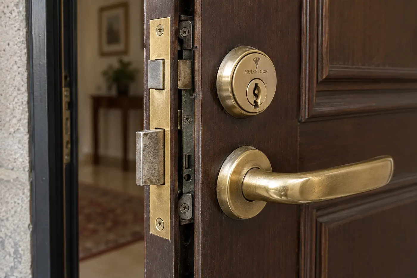 Illustration: brass mortise lock with Mul-T-Lock cylinder and lever handle on a wooden front door