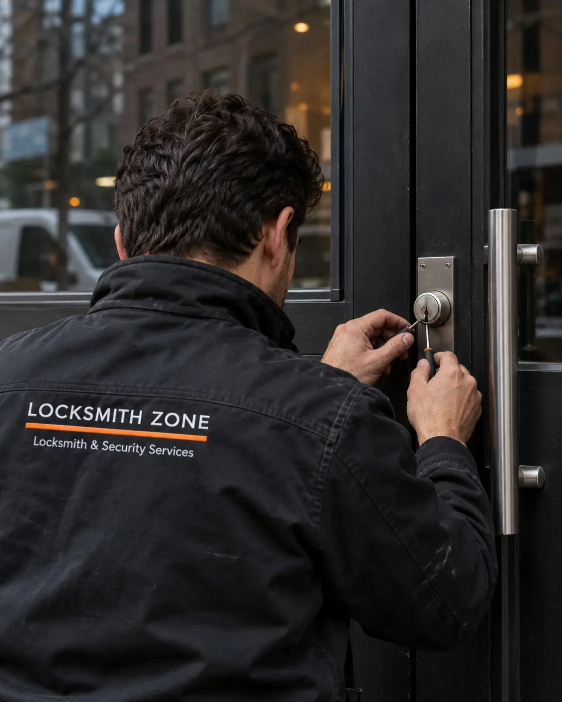 Locksmith Zone technician in a branded jacket working on a commercial glass door lock