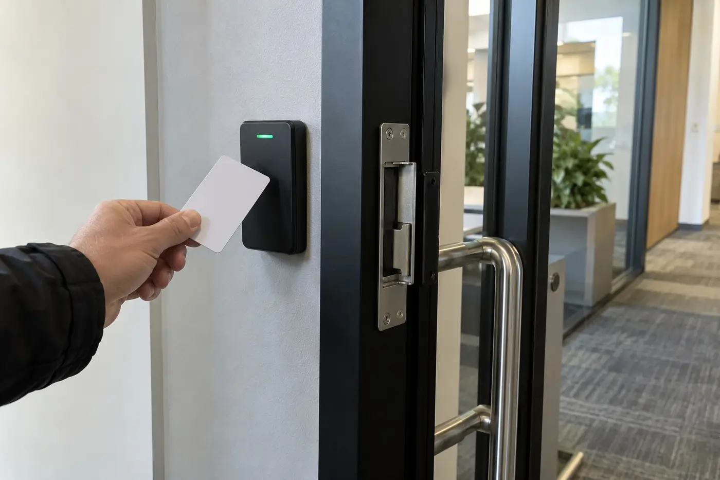 Illustration: employee tapping an access card on an electronic card reader beside an office door
