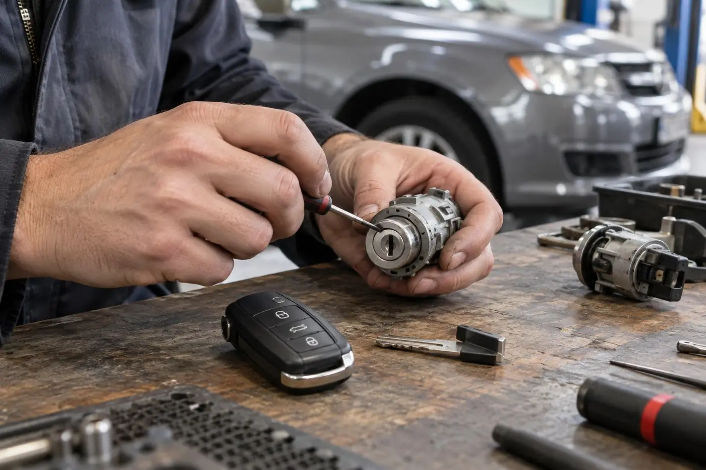 Illustration: locksmith disassembling a car ignition cylinder on a workbench with key fobs