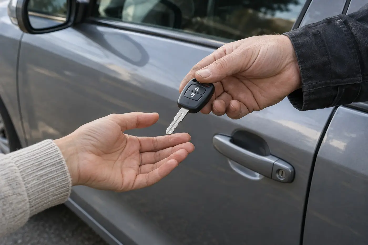Illustration: new car key with remote handed to a customer beside a silver car door