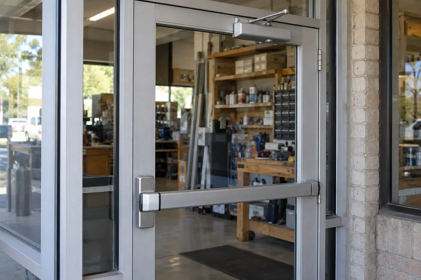 Illustration: commercial aluminum glass entrance door with panic bar and storefront lock