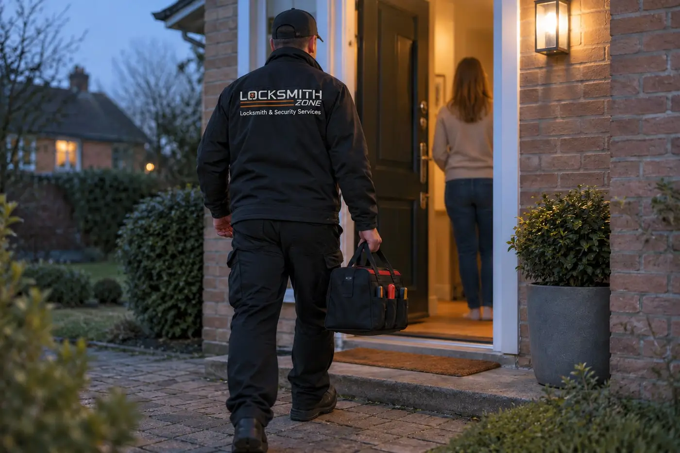 Illustration: Locksmith Zone technician arriving at a homeowner’s front door in the evening