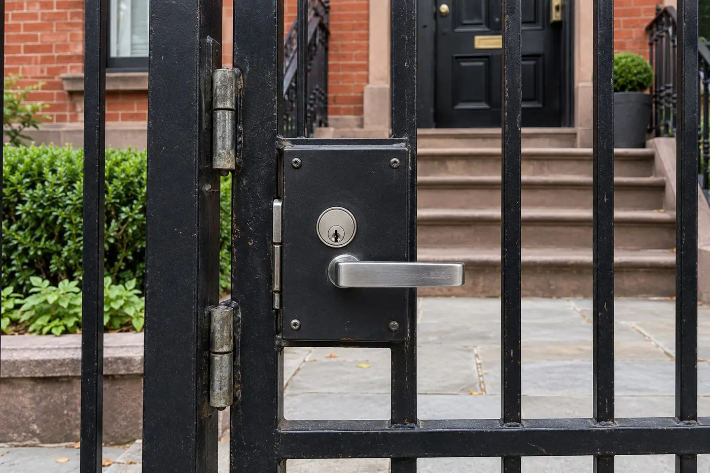 Illustration: black steel gate with surface-mounted gate lock in front of a brownstone