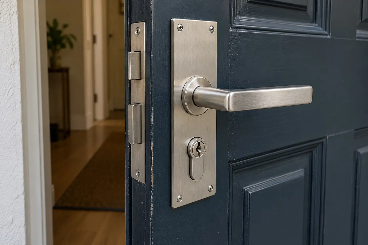 Illustration: high-security mortise lock with lever handle and cylinder on a dark entry door