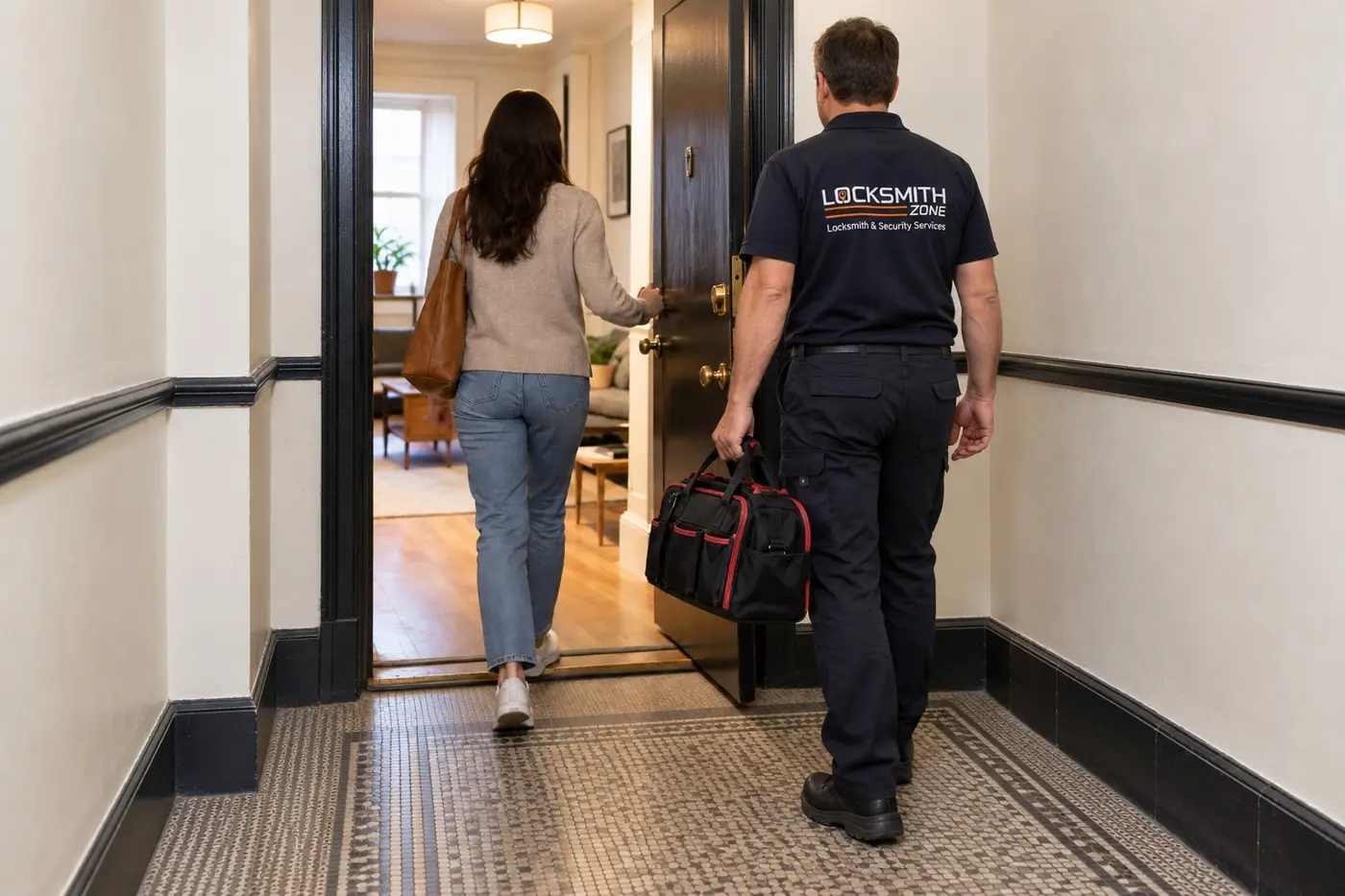 Illustration: Locksmith Zone technician following a homeowner into her apartment hallway