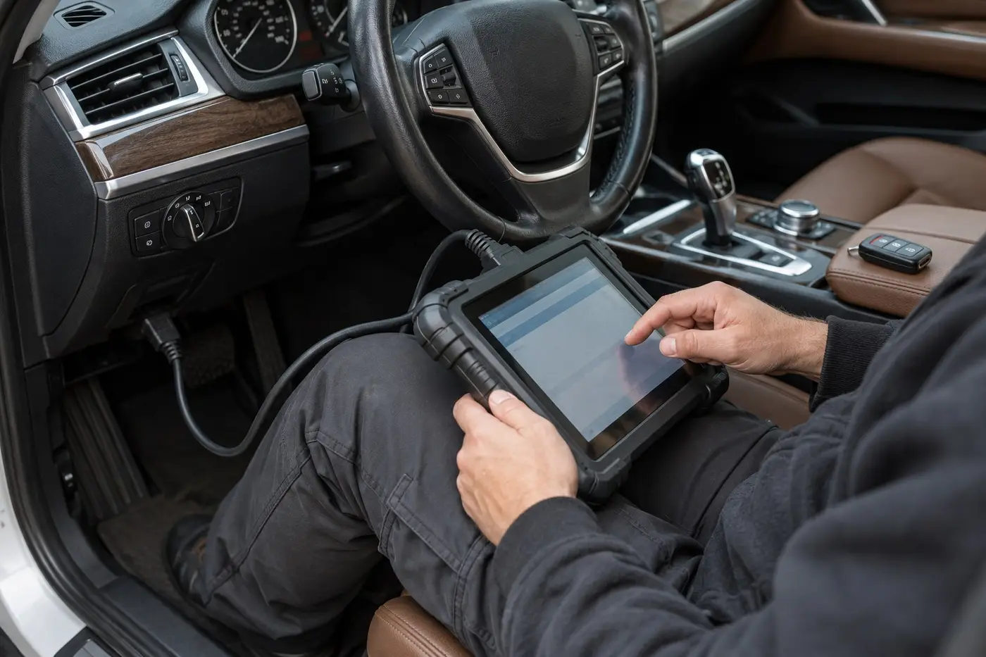 Illustration: technician programming a key fob with a diagnostic tablet inside a car