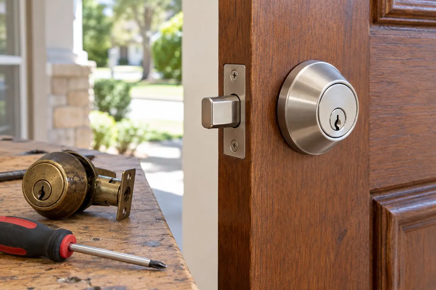 Illustration: new deadbolt installed on a wooden door, old lock and screwdriver on the workbench