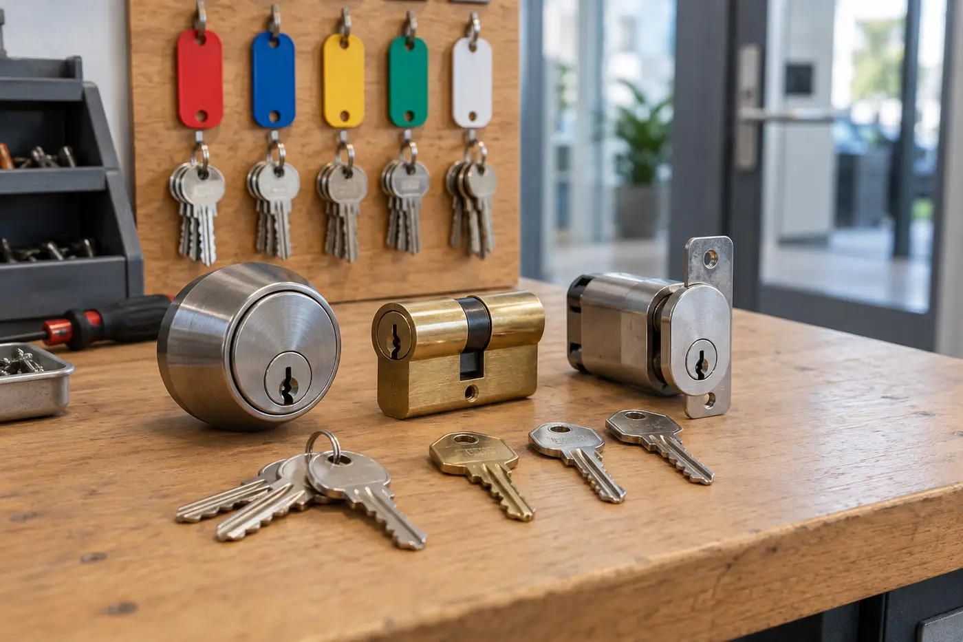 Illustration: master key system cylinders and color-coded keys on a locksmith workbench