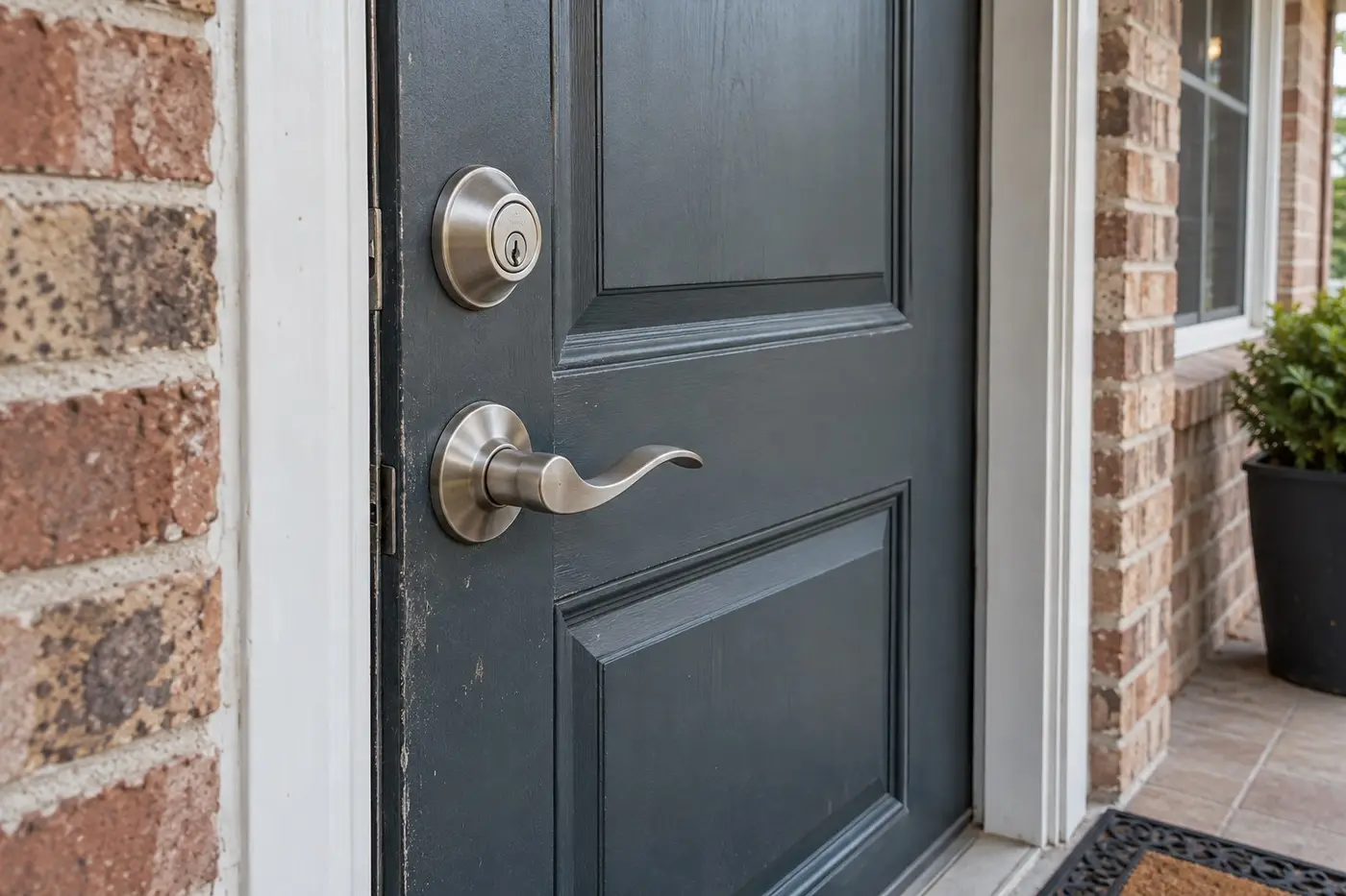 Illustration: dark green front door with deadbolt and lever handle on a brick house