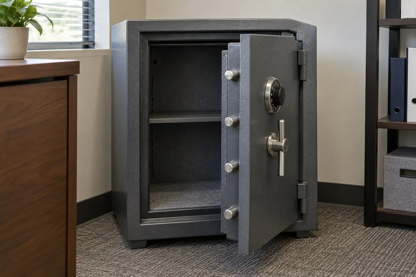 Illustration: open steel security safe with combination dial in an office