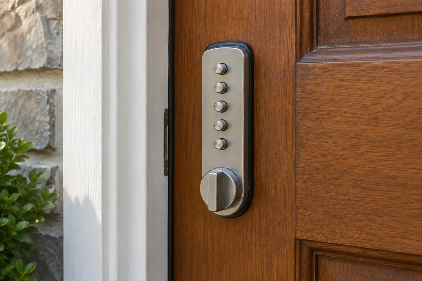 Illustration: mechanical push-button Shabbat lock mounted on a wooden door frame