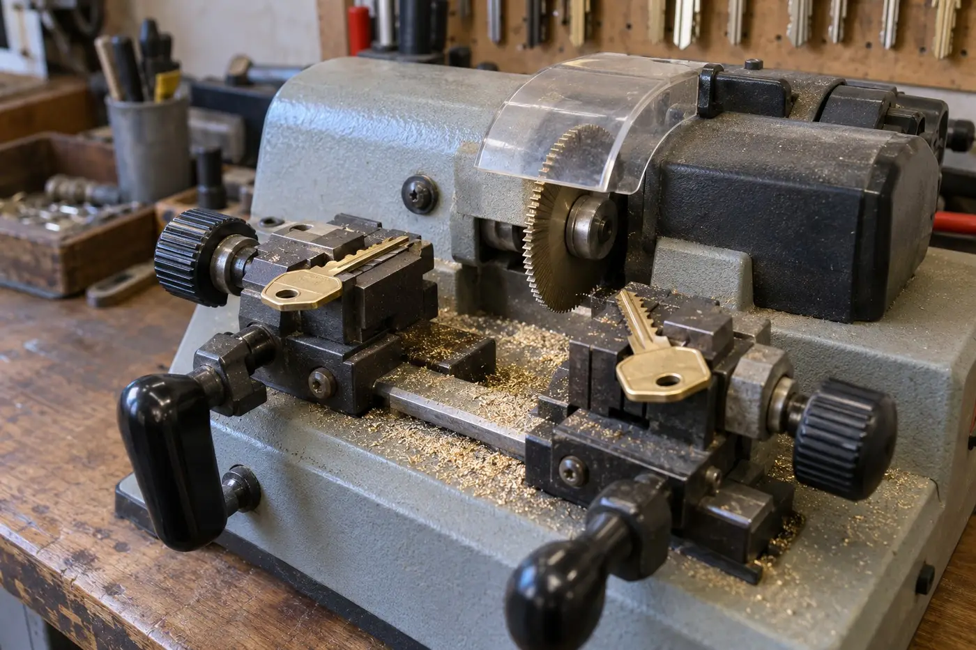 Illustration: key duplicating machine cutting a brass key in a locksmith workshop