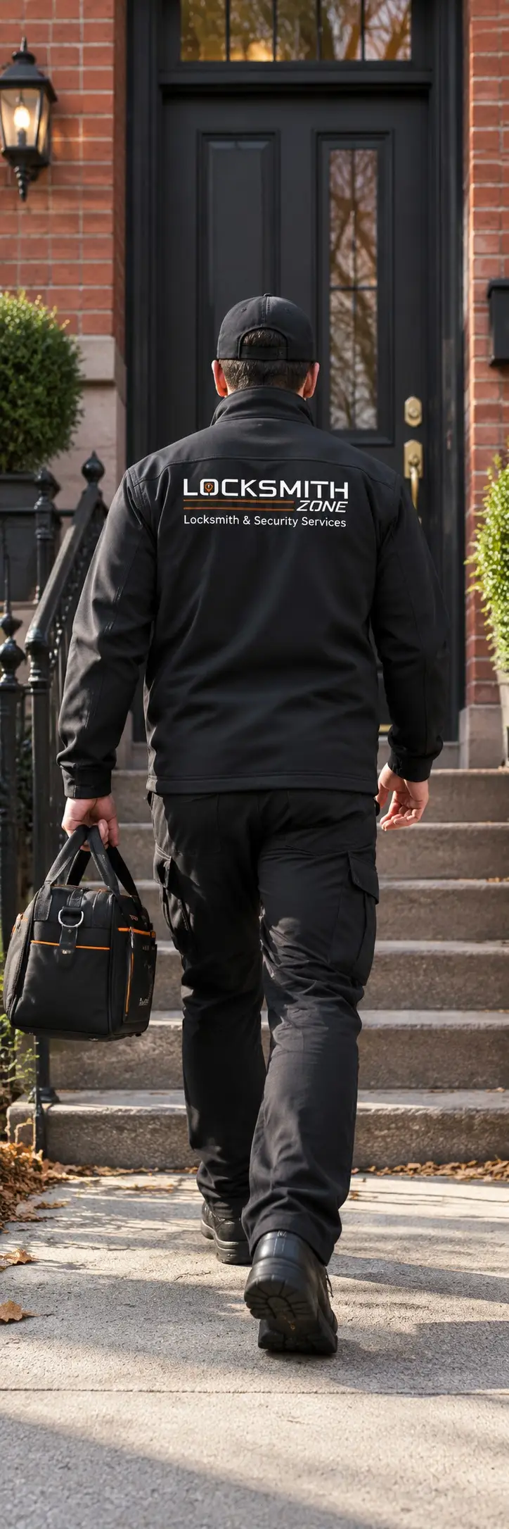 Illustration: mobile locksmith carrying a tool bag up the front steps of a home