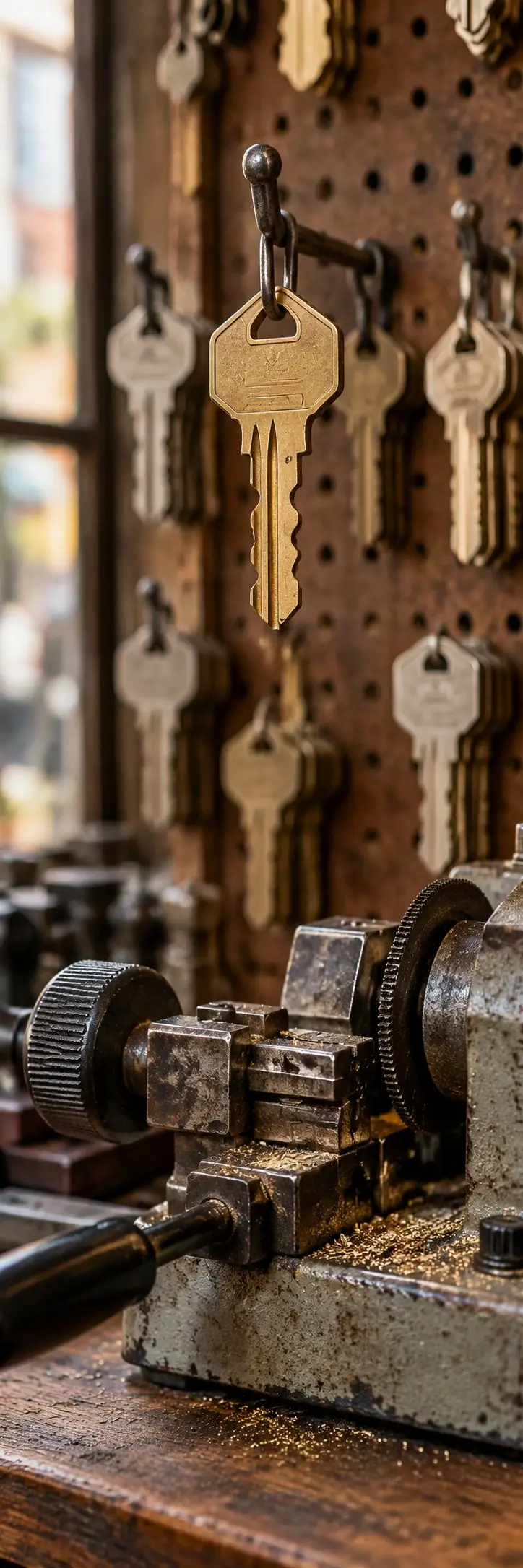 Illustration: house keys hanging on a pegboard above a key cutting machine